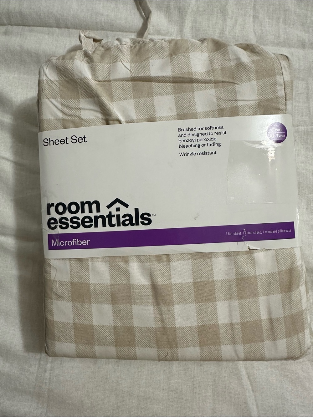 Room Essentials Beige and White Gingham Microfiber Sheet Set